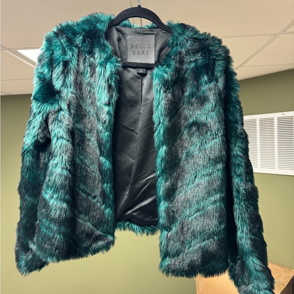 Green and black faux fur jacket